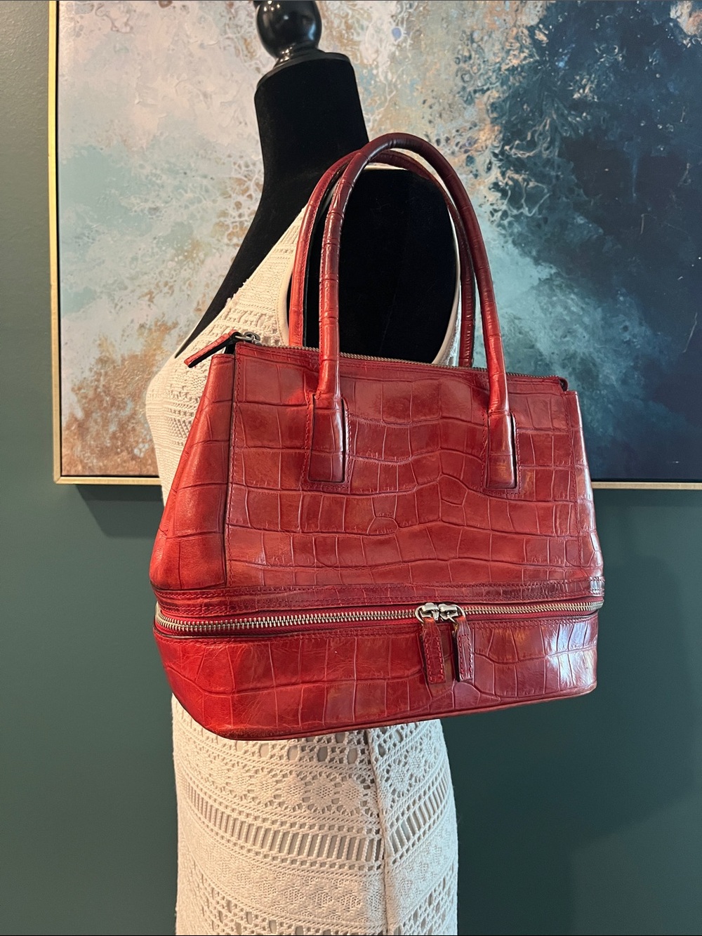 Pelle Studio Red Croc-Embossed Satchel with Zip Compartment